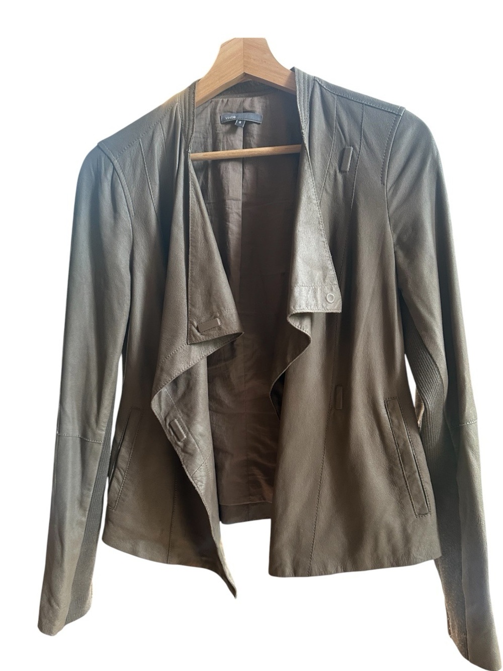 Vince Scuba Lamb Skin Leather Drape Front Jacket In Taupe Gray (S)